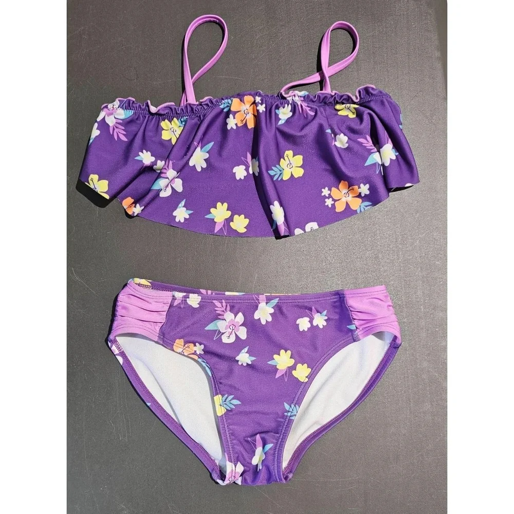 CAT & JACK Girls Purple Floral Bikini Size M (8) Ruffle Off-Shoulder‎ Sleeveless